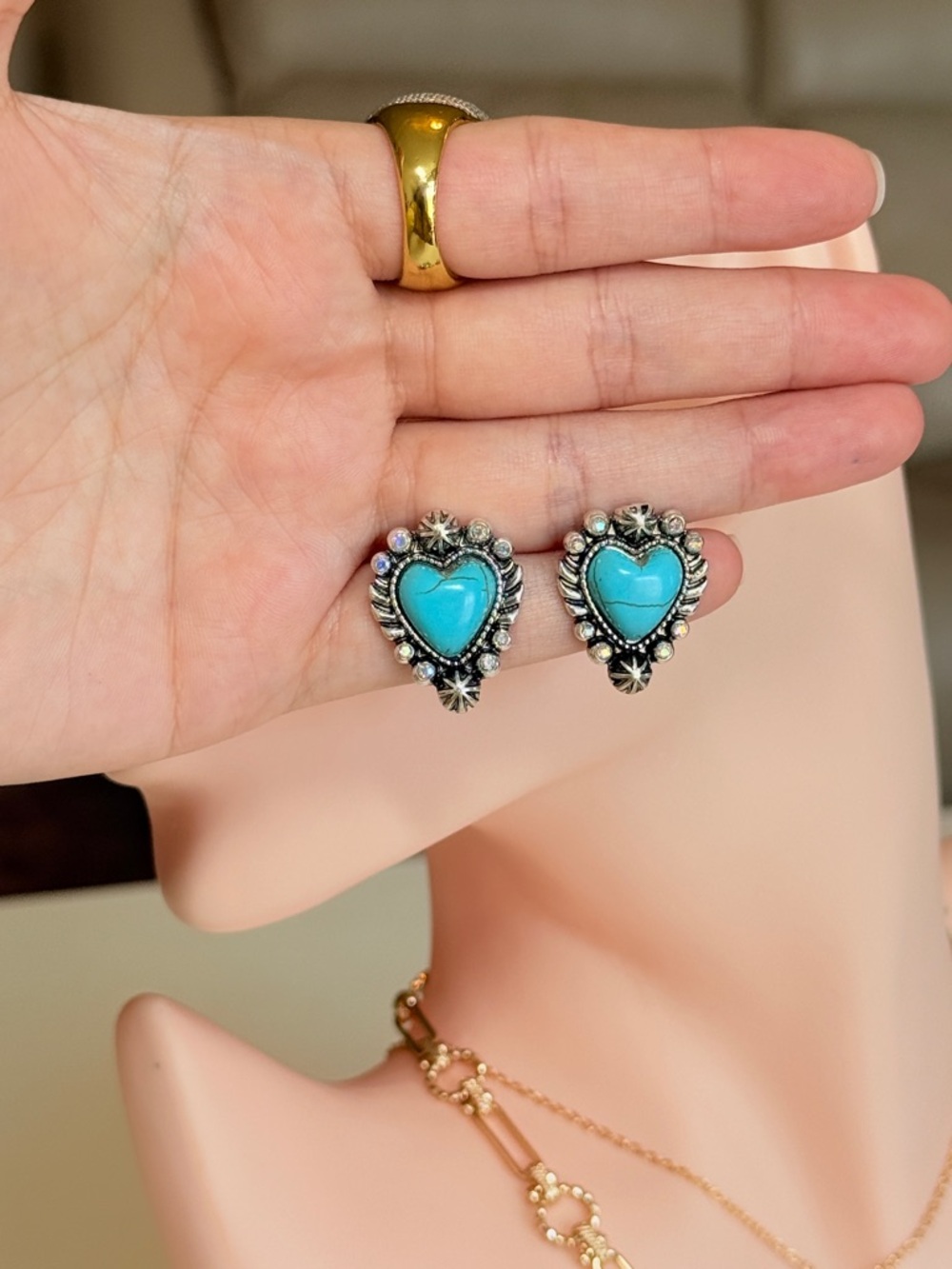 Turquoise Heart Stud Earrings - Picture 11 of 12